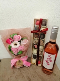 Soap Flower Bouquet (Any Colour), 16 Luxury Chocolates and a bottle of wine