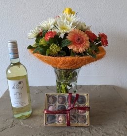 Sunset Vase with Wine and Chocolates